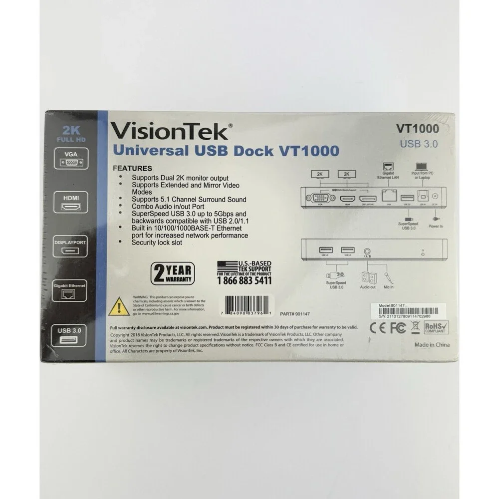 VisionTek VT1000 Dual Display USB 3.0 Docking Station NEW